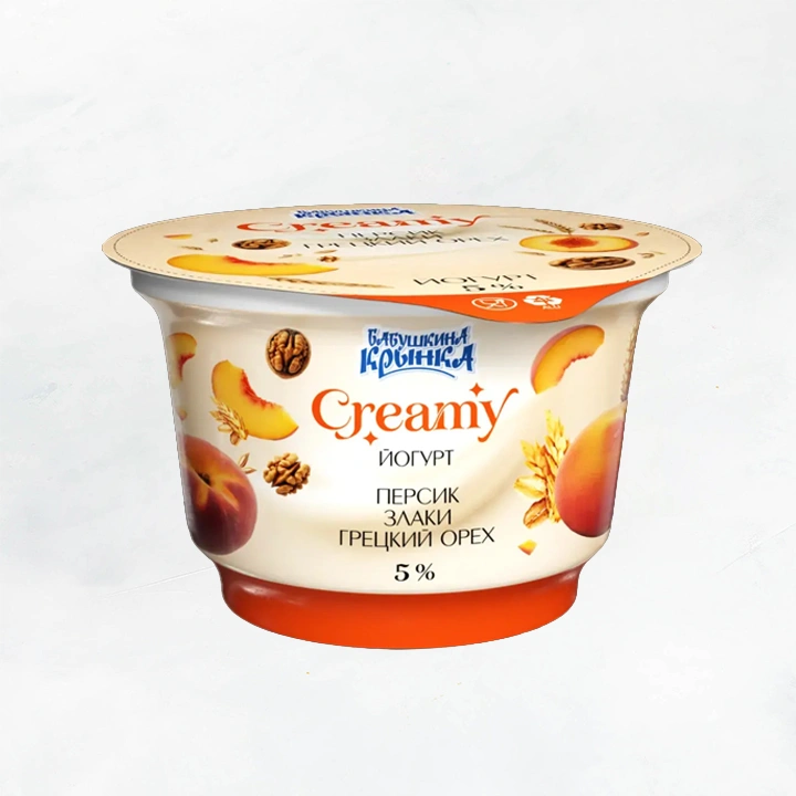 Йогурт 5% 200г Creamy "Персик-Злаки-Грецкий орех" Бабушкина Крынка
