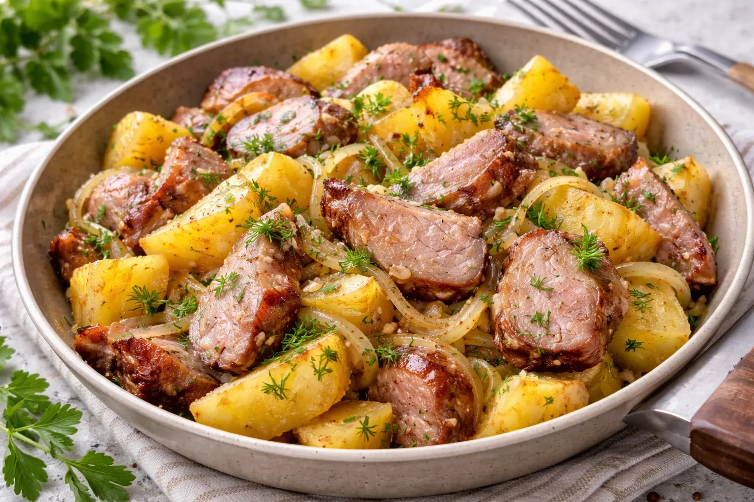 Тёплая закуска с домашней вырезкой и овощами Тёплая закуска с домашней вырезкой и овощами