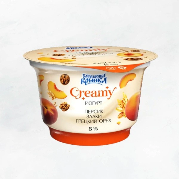 Йогурт 5% 200г Creamy "Персик-Злаки-Грецкий орех" Бабушкина Крынка