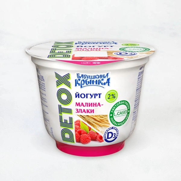 Йогурт 2% 230г DETOX "Малина-злаки" стакан Бабушкина Крынка