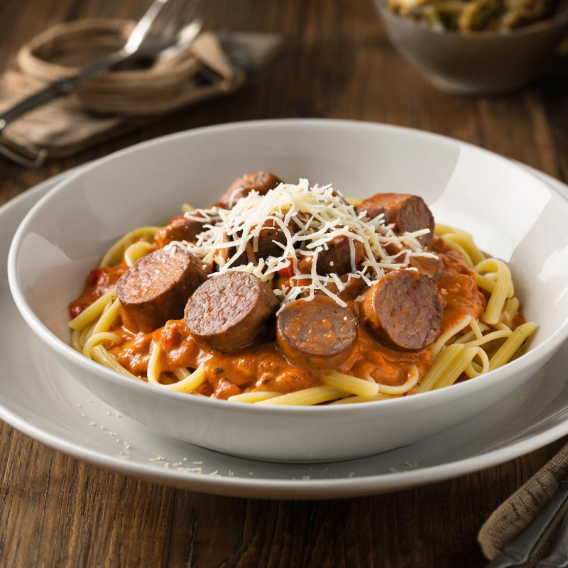 Паста с колбасой «Говяжья» в томатно-сливочном соусе