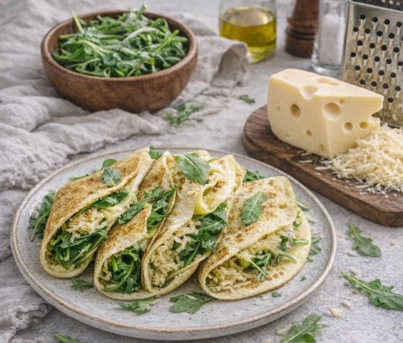 Яичные блинчики с сырной начинкой и рукколой.