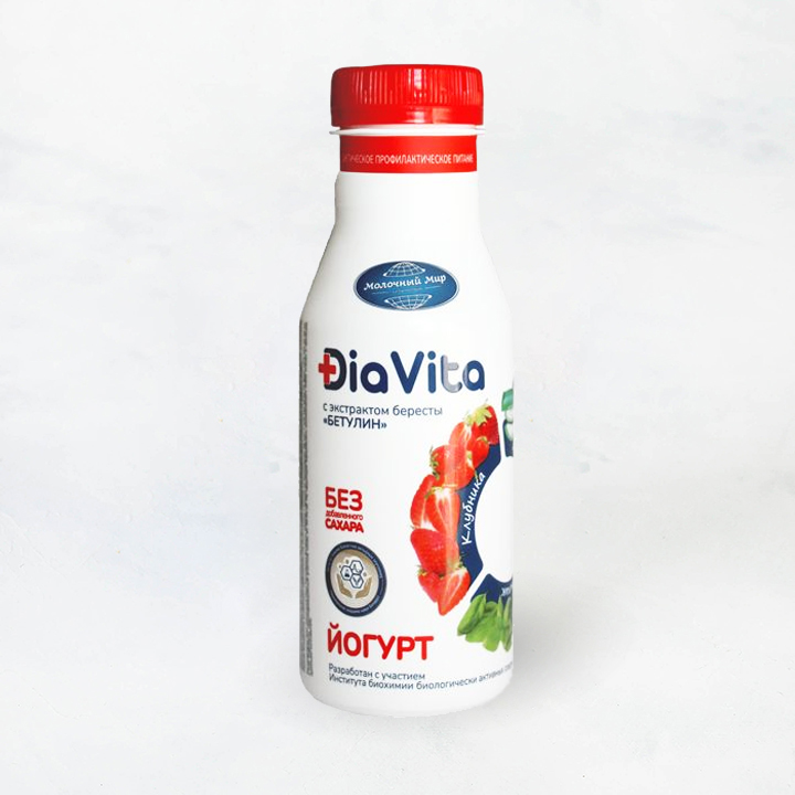 Йогурт "DiaVita"с экстр. бересты "Бетулин" клубника-алоэ-базилик 1,5 % 280г ПЭТ Молочный мир