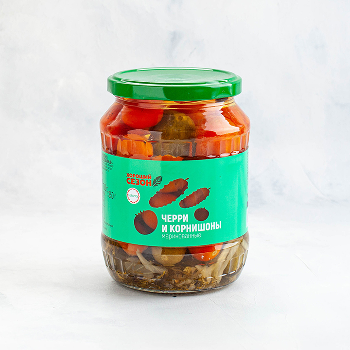 Ассорти Черри и корнишоны Хороший Сезон ст/б 720 мл (8 шт) 