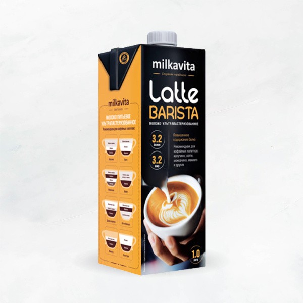 Молоко ультрпаст 3,2% 1л Latte Barista ТетрБрик Милкавита